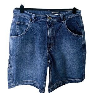 Eddie Bauer Mens Carpenter Shorts Dark Wash Blue Denim Utility Workwear Size 36
